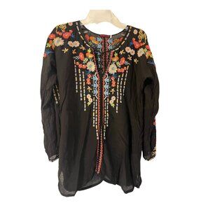 Johnny Was Women Emily Embroidered Cupra Rayon Tunic Tie Neck Top XS